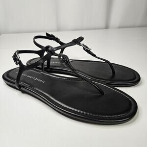 Stuart Weitzman Georgie T-Strap Sandal Black Leather Flats 10.5 M